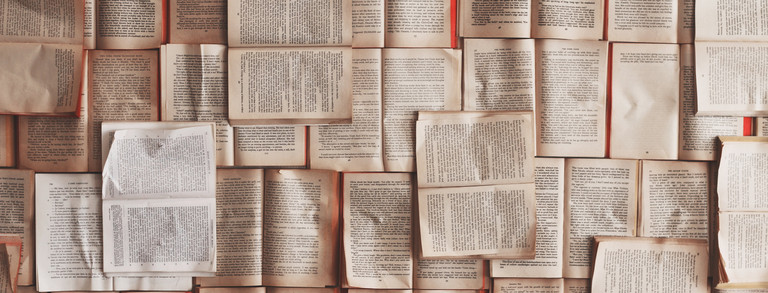 Bücher die aufgeschlagen an eine Wand genagelt wurden.